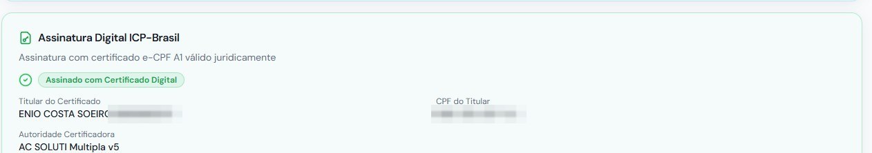 Bloco de assinatura digital do IntegraNR mostrando certificado ICP-Brasil e-CPF A1, o titular com CPF tarjado e a autoridade certificadora AC SOLUTI Multipla v5