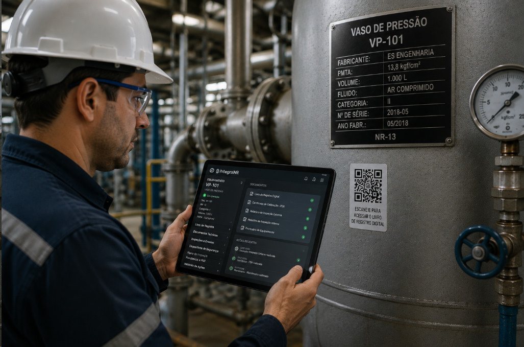 Inspetor com tablet consultando o livro de registro digital do vaso de pressão VP-101, ao lado da plaqueta NR-13 do equipamento e do QR Code colado com a instrução de escanear para acessar o livro